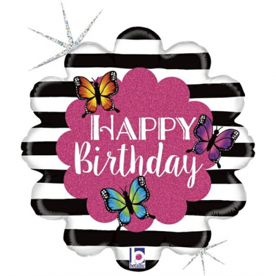 Balónek foliový Happy Birthday motýli bíločerný ALBI ALBI
